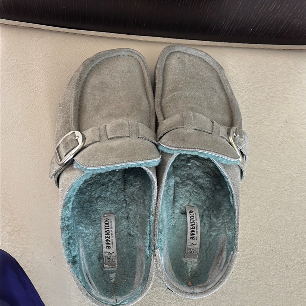 Birkenstock Light Gray Suede Buckle Slippers
